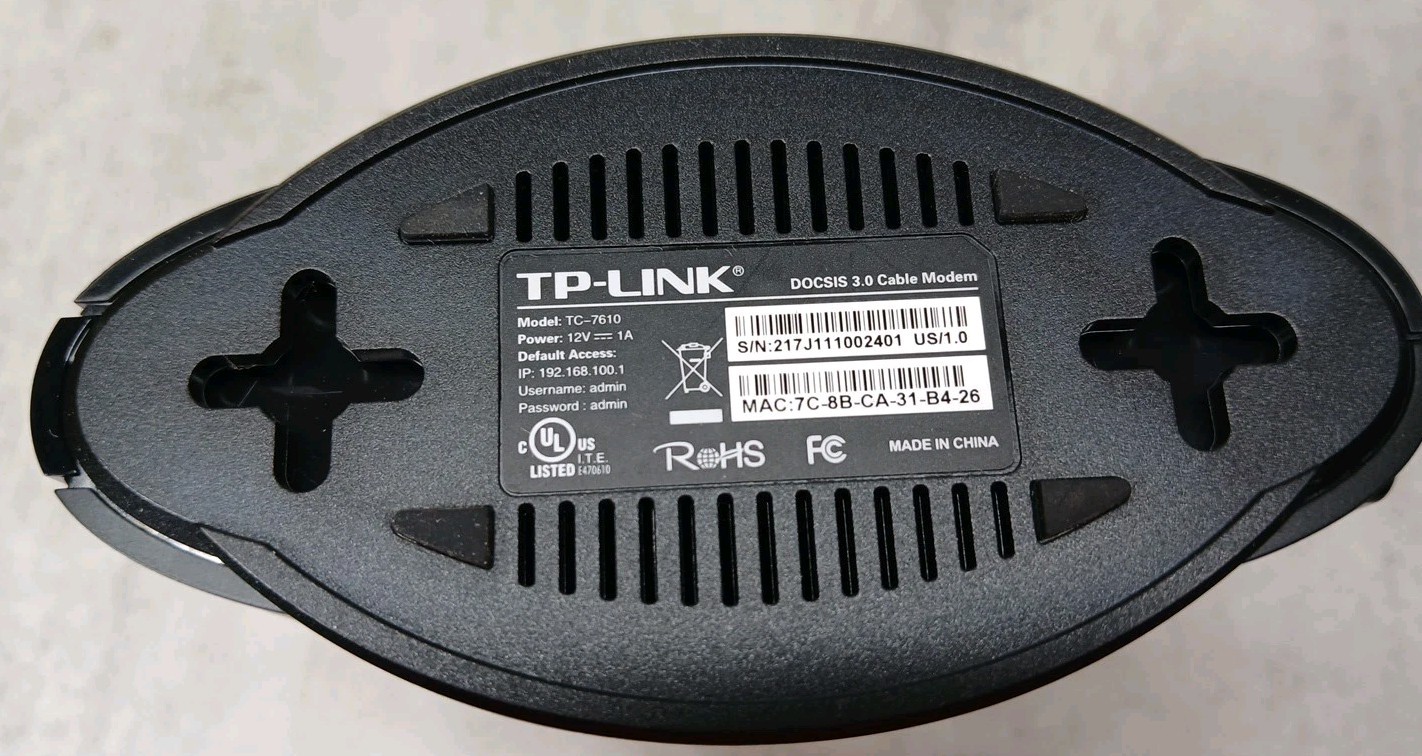 TP-LINK TC-7610 DOCSIS 3.0 Cable Modem with Power Adapter