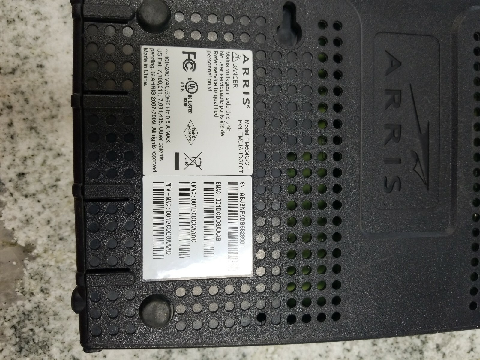 ARRIS TM604G/CT-8 Modem TM04AHDG6CT , SN: ABJBNR9DB682890 (16-24B2