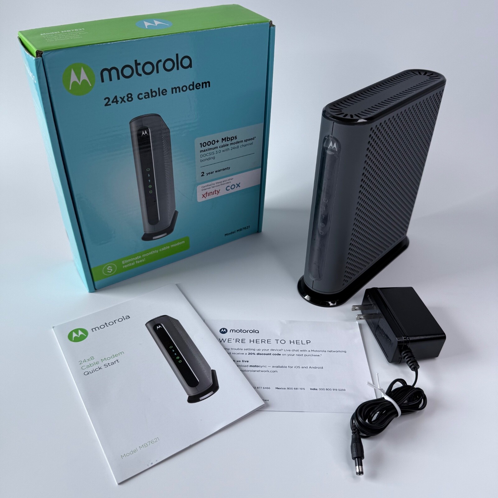 Motorola 24×8 Cable Modem Model MB7621 Power Cord & Manual DOCSIS 3.0 1000+Mbp