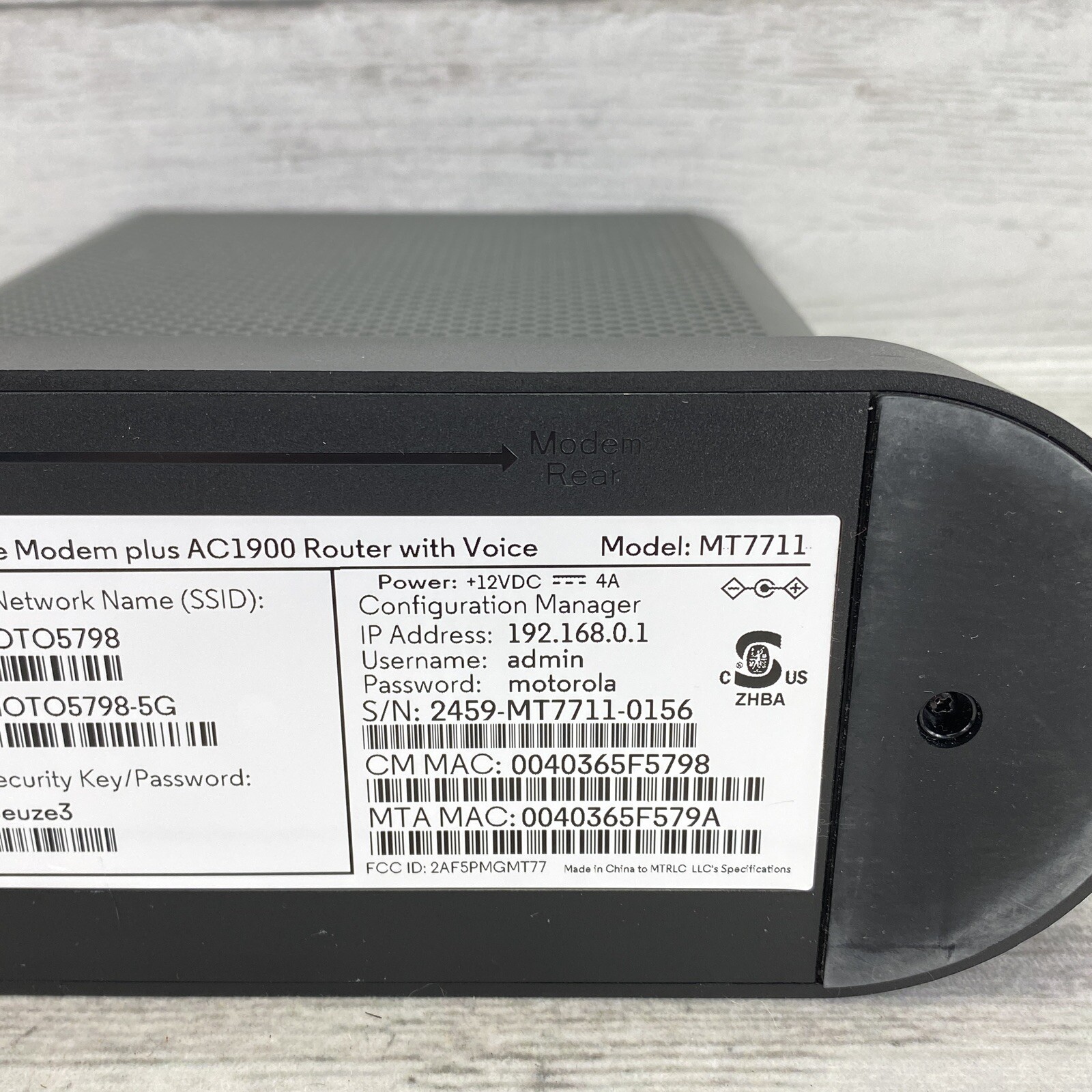Motorola MT7711 Dual Band AC1900 Cable Modem & Wi-Fi Gigabit Router w/ Hookups