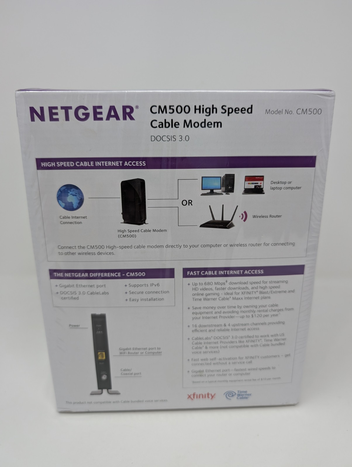 NETGEAR CM500 DOCSIS 3.0 680Mbps Cable Modem – New Sealed
