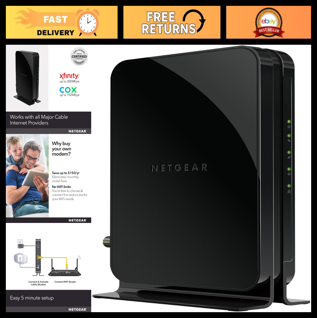 High-Speed DOCSIS 3.0 Cable Modem for Xfinity, Cox – Up to 400 Mbps, Easy Setup