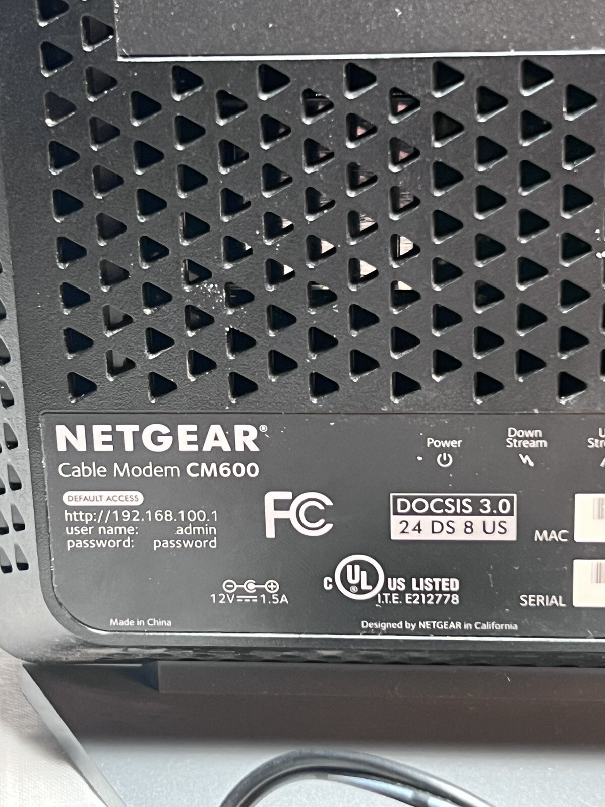 NETGEAR CM600 960Mbps DOCSIS 3.0 Cable Modem w/ Power Supply Works