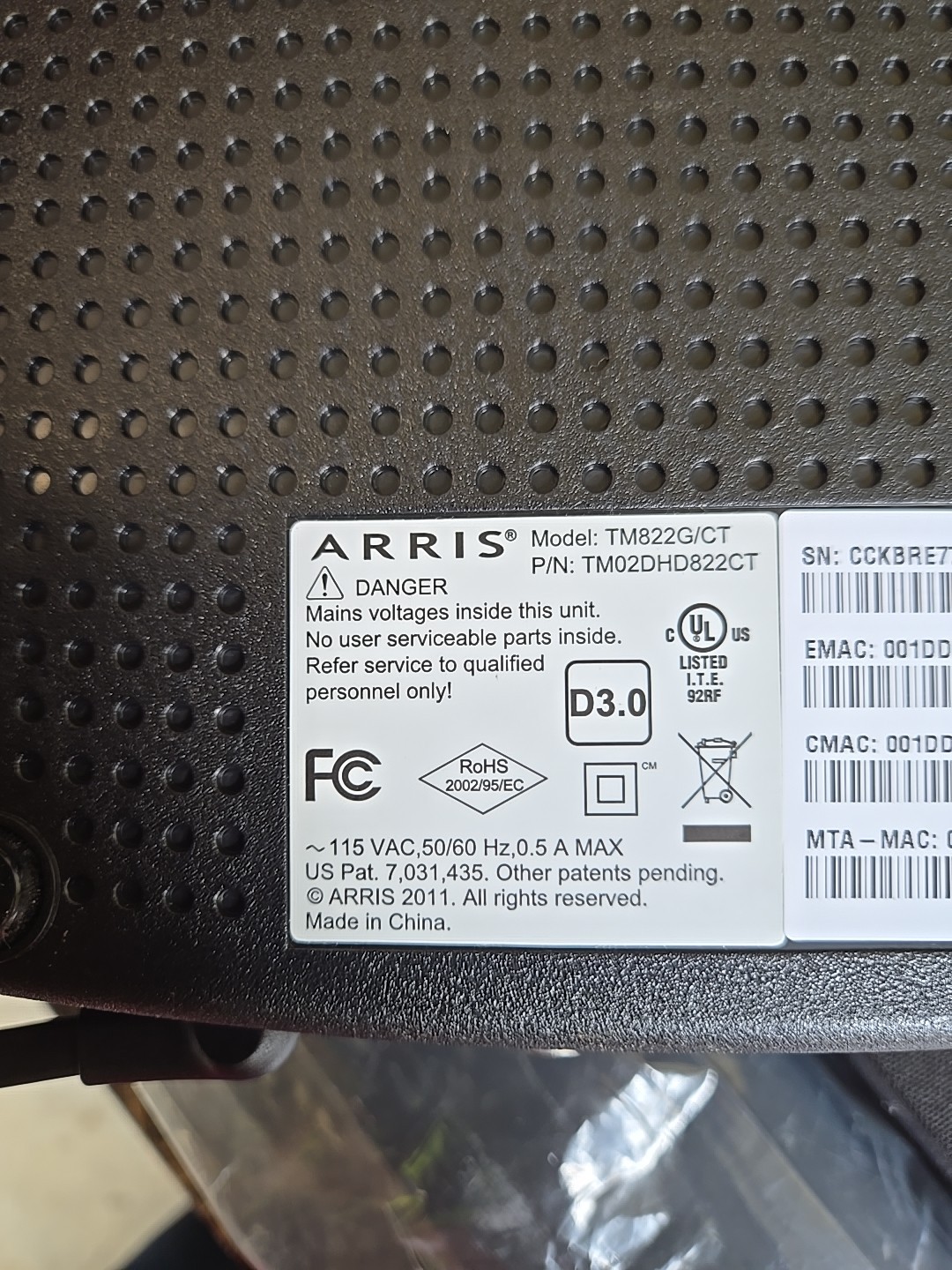 ARRIS Touchstone TM822G DOCSIS 3.0 VoIP Telephony Cable Modem Optimum w/ battery