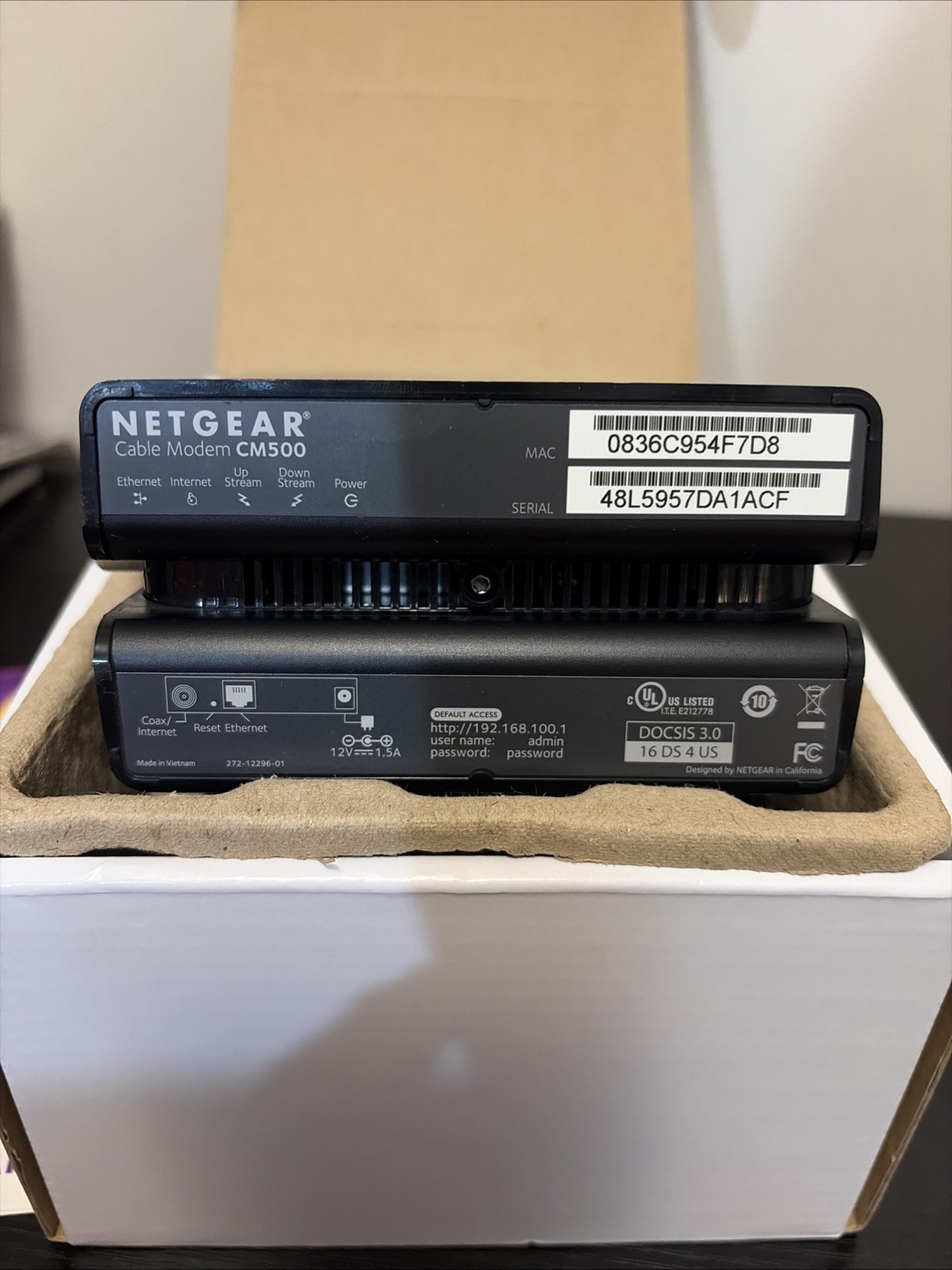 NETGEAR CM500 High Speed Cable Modem, DOCSIS 3.0 In Box