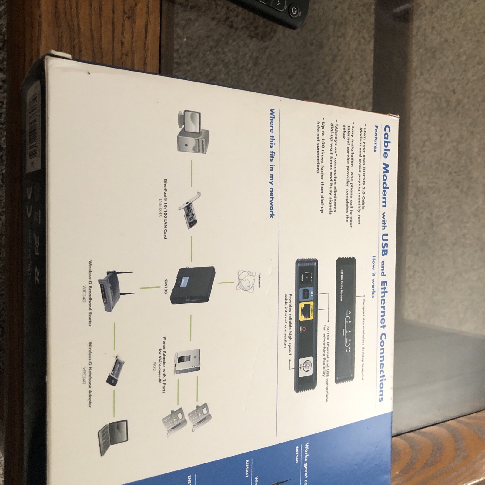 NEW Linksys Cable Modem With USB And Ethernet Connections Model CM100