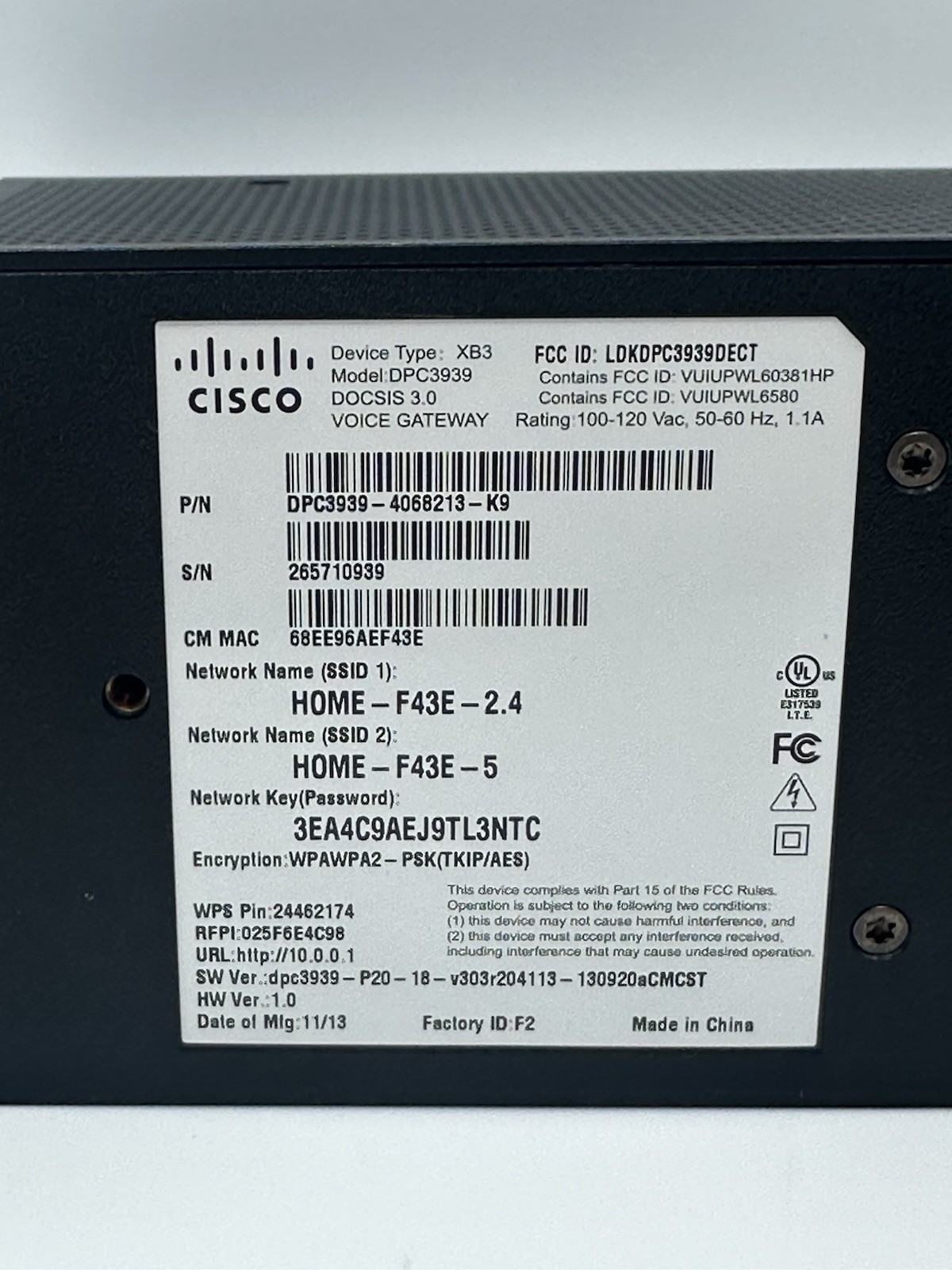 Cisco DPC3939 (XB3) Xfinity Wireless AC Voice Gateway DOCSIS 3.0
