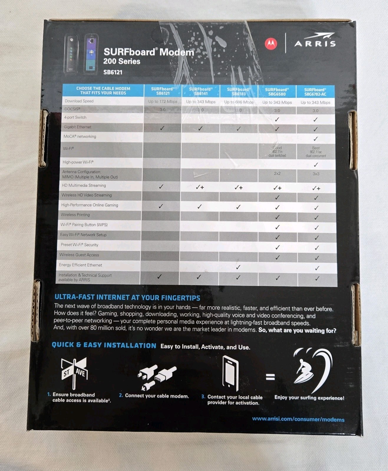 Motorola Arris SURFboard SB6121 DOCSIS 3.0 Cable Modem – Black W/AC Adapter