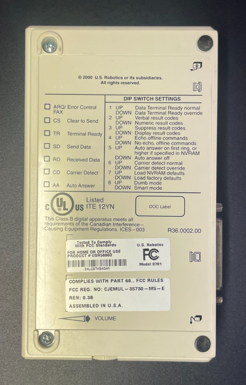 🖧 USRobotics Faxmodem 56K V.90 Model 0701 | x2 | Vintage External Modem
