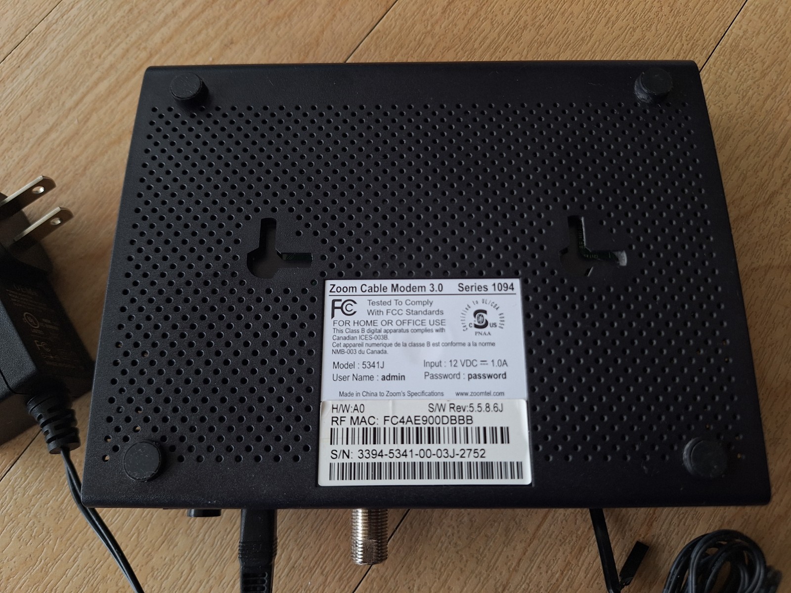 ZOOM CABLE MODEM 3.0 MODEL 5341J SERIES 1094 TESTED
