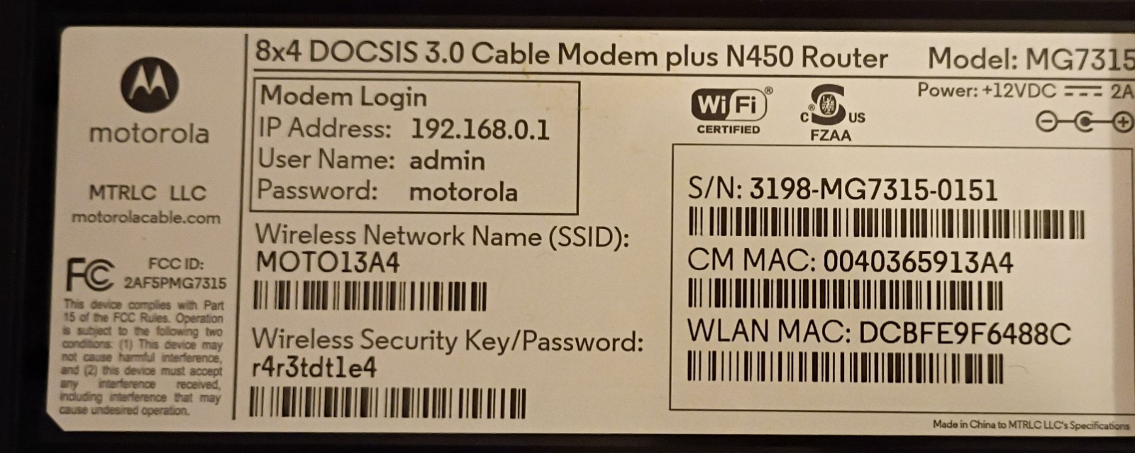 Motorola MG7315 Modem Router Combo