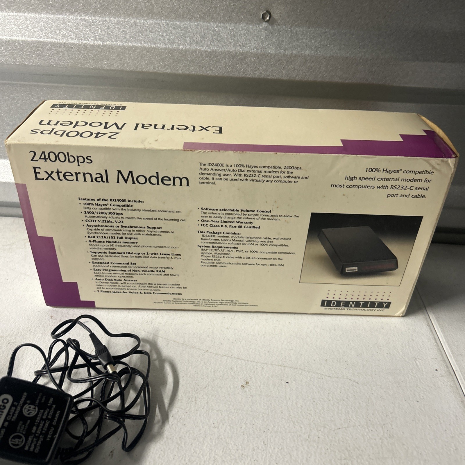 Identity External Modem ID2400E 2400 Bps w/Cords & Manual