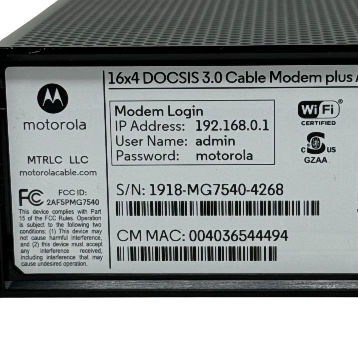 Motorola MG7540 16×4 Cable Modem Plus AC1600 Dual Band WiFi Router with DFS