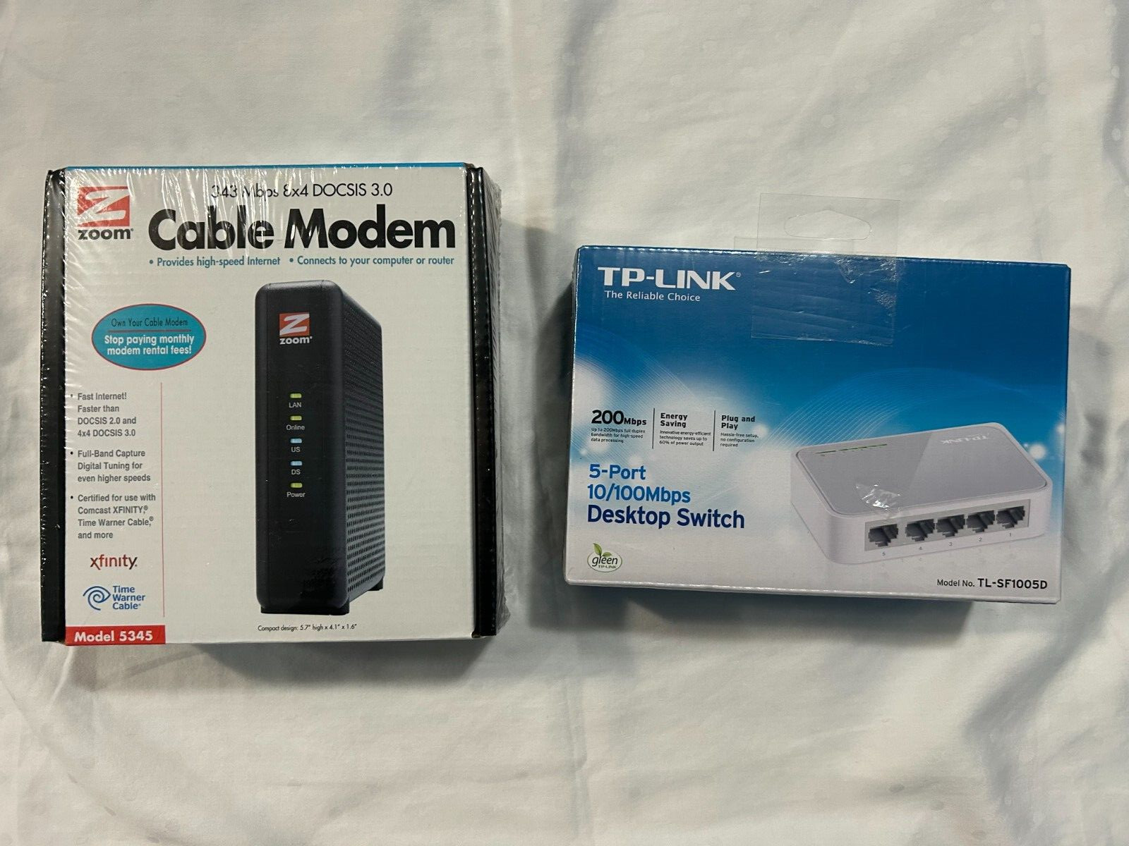 NEW MODEM UNOPENED ZOOM DOCSIS 3.0 5-PORT TP LINK PC SWITCH 5-PORT TL-SF1005D