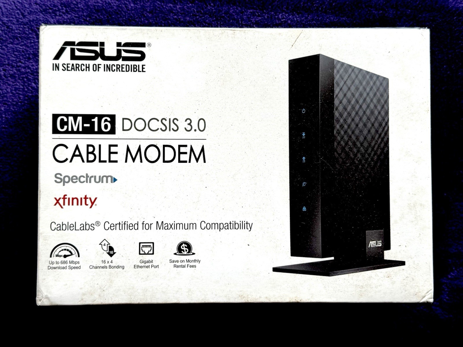 ASUS CM-16 DOCSIS 3.0 Cable MODEM Gigabit LAN 686Mbps w Power Cord & Ethernet