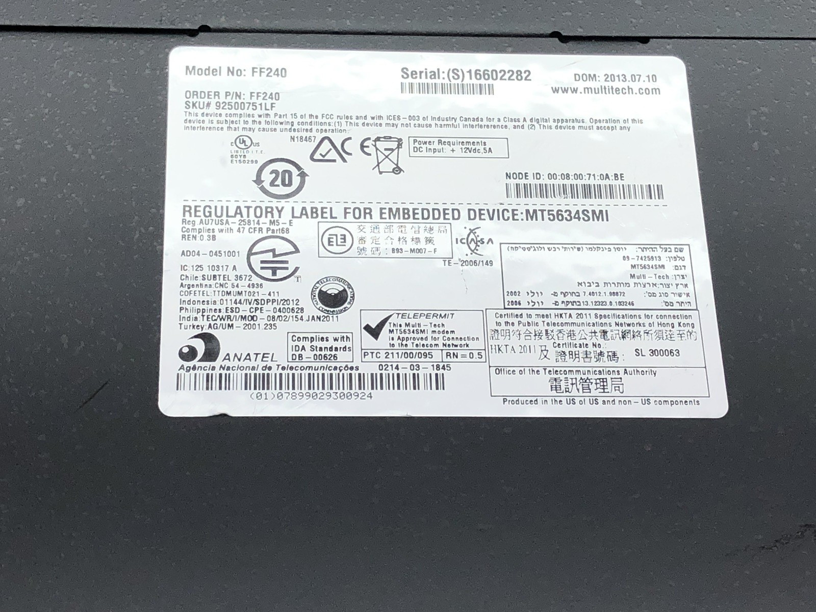 MultiTech Systems FaxFinder V.34 P/N FF240 Ethernet Dual-Port Fax Server