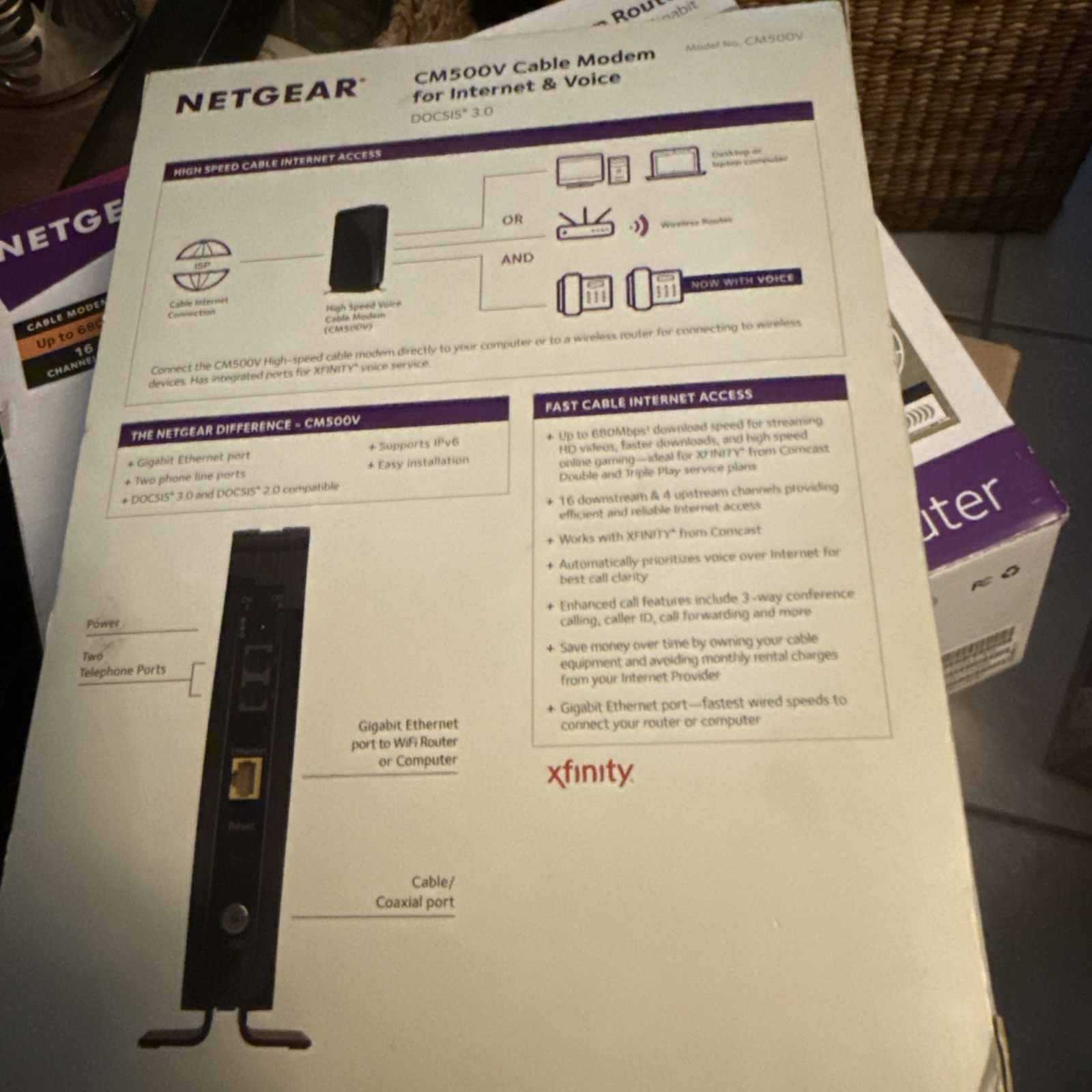 New NETGEAR CM500V Cable Modem for Internet & Voice Xfinity 680mbps