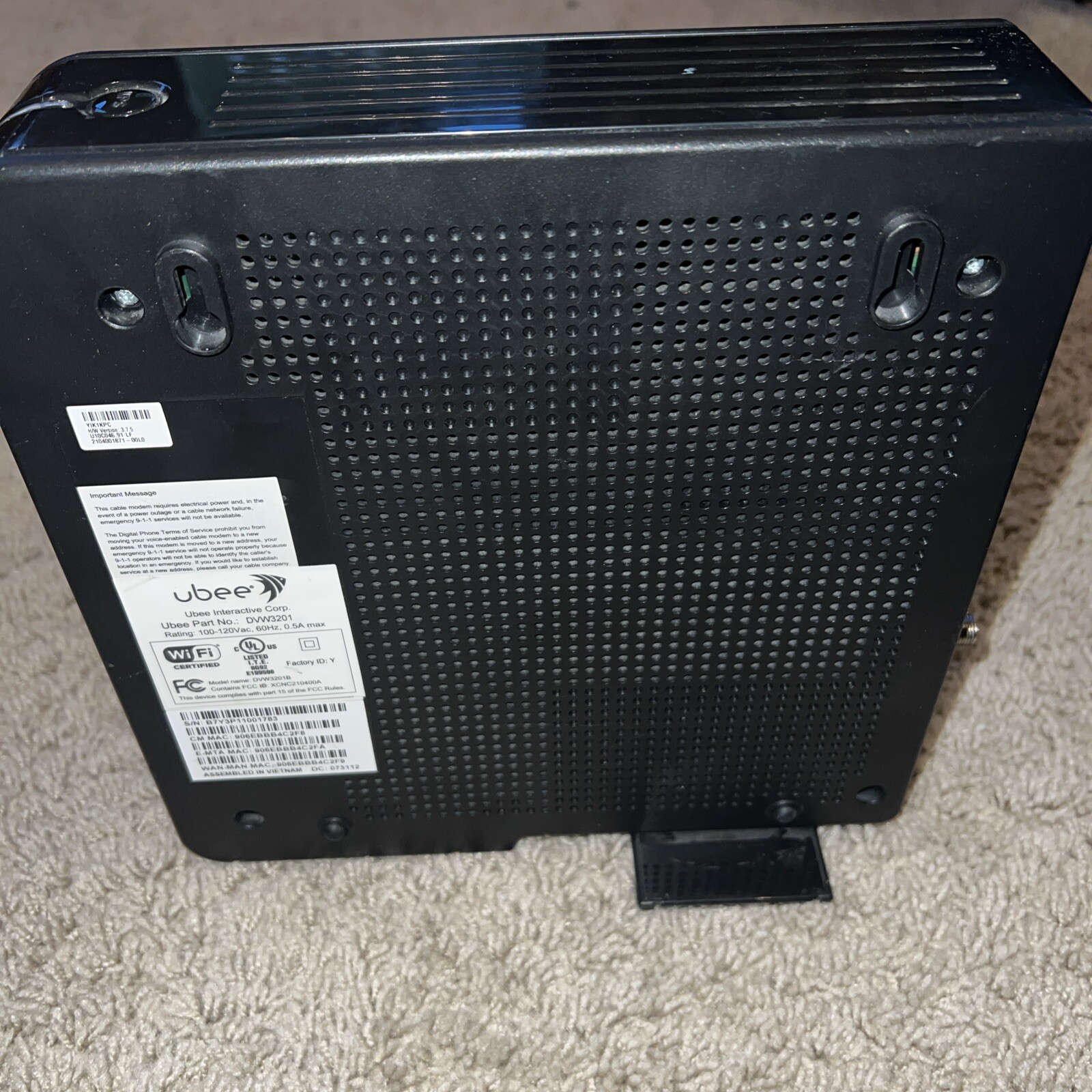 4C Ubee DVW3201 Wireless Cable Modem W/ Power Cable