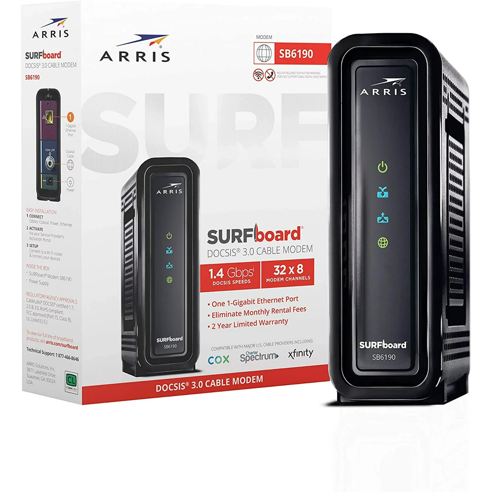 Arris Surfboard Docsis 3.0 Cable Modem SB6190 Cox SPECTRUM Comcast XFINITY BLACK