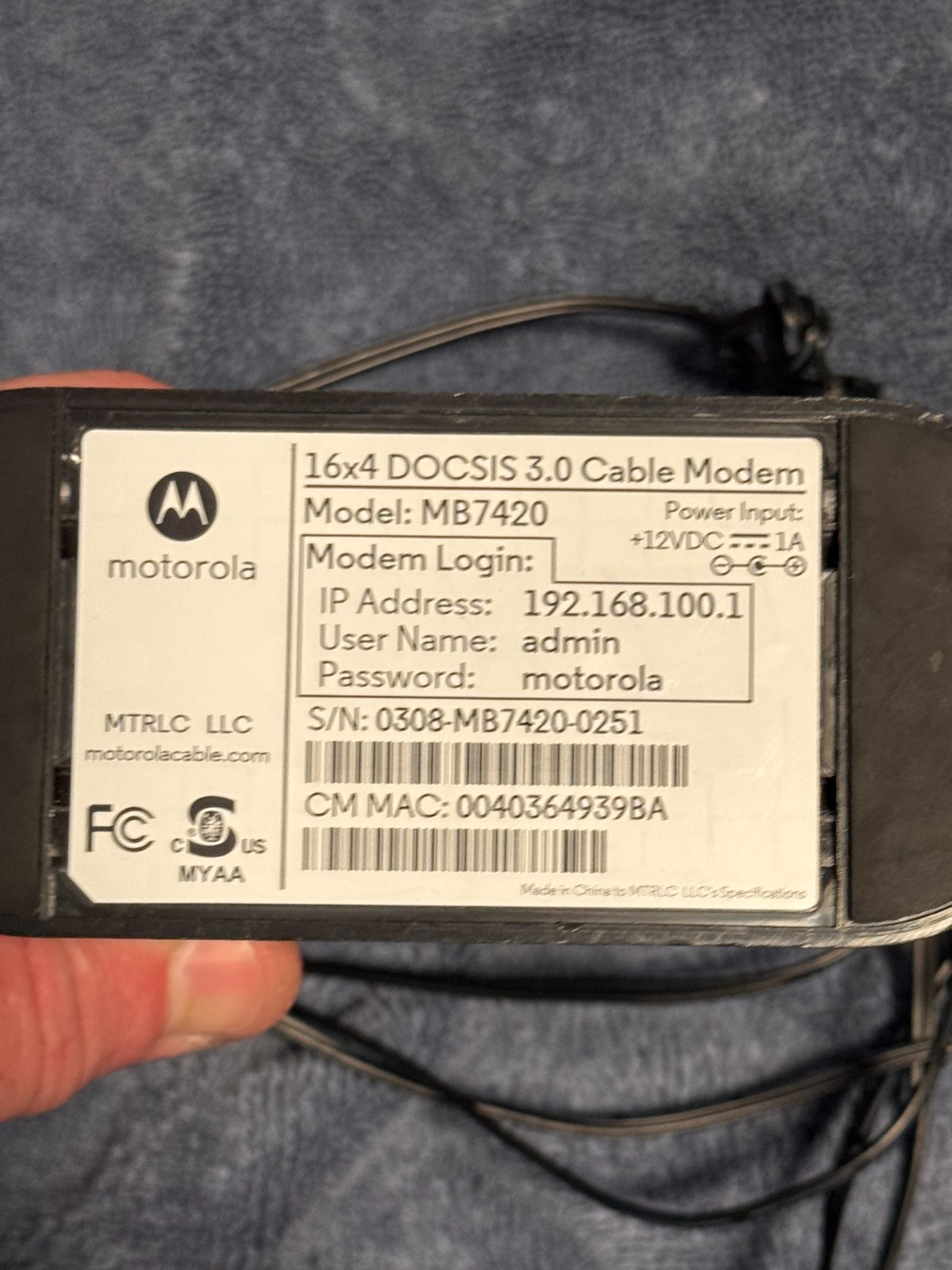 Motorola MB742010 686mbps DOCSIS 3.0 Cable Modem – Used and Functional
