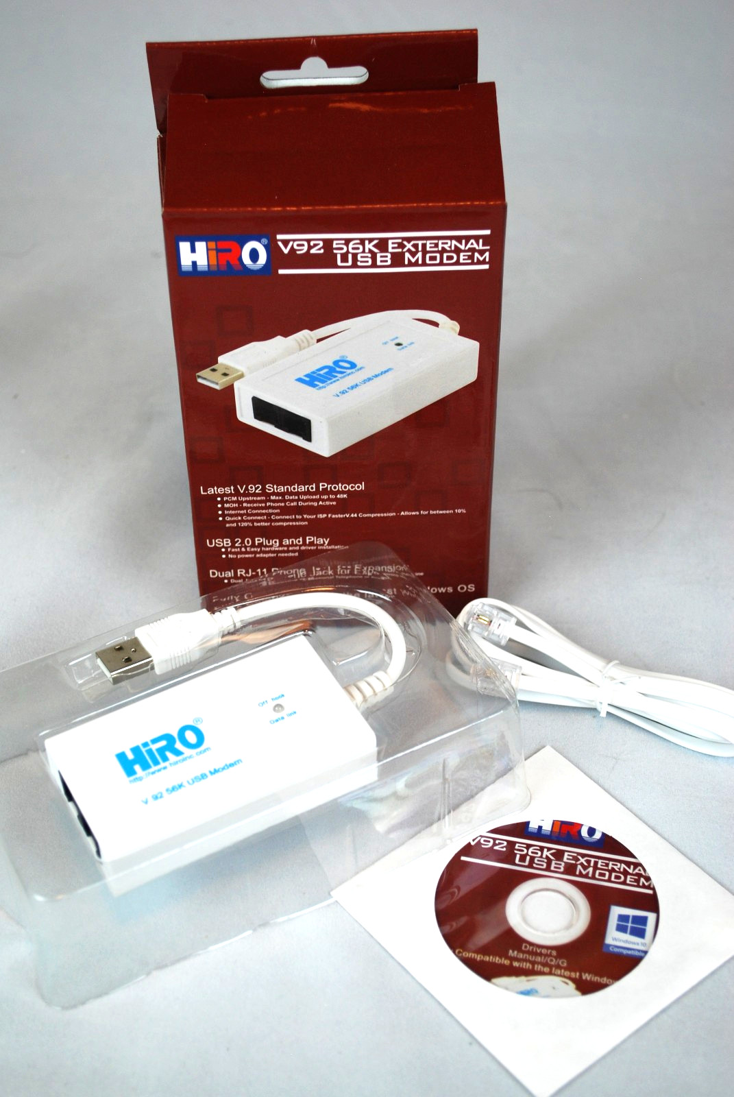 HiRO H50228 V92 56K USB Data Fax Dial Up Modem Dual Port Buzzer Windows 11 10 8