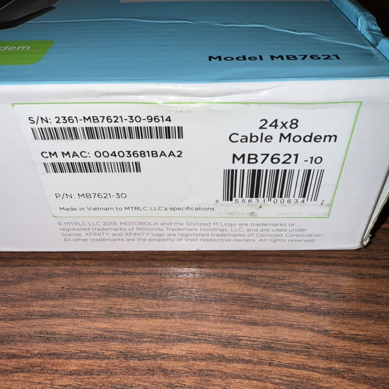 Motorola MB7621 24×8 DOCSIS 3.0 Cable Modem w/ Power Brick Ethernet Xfinity Cox