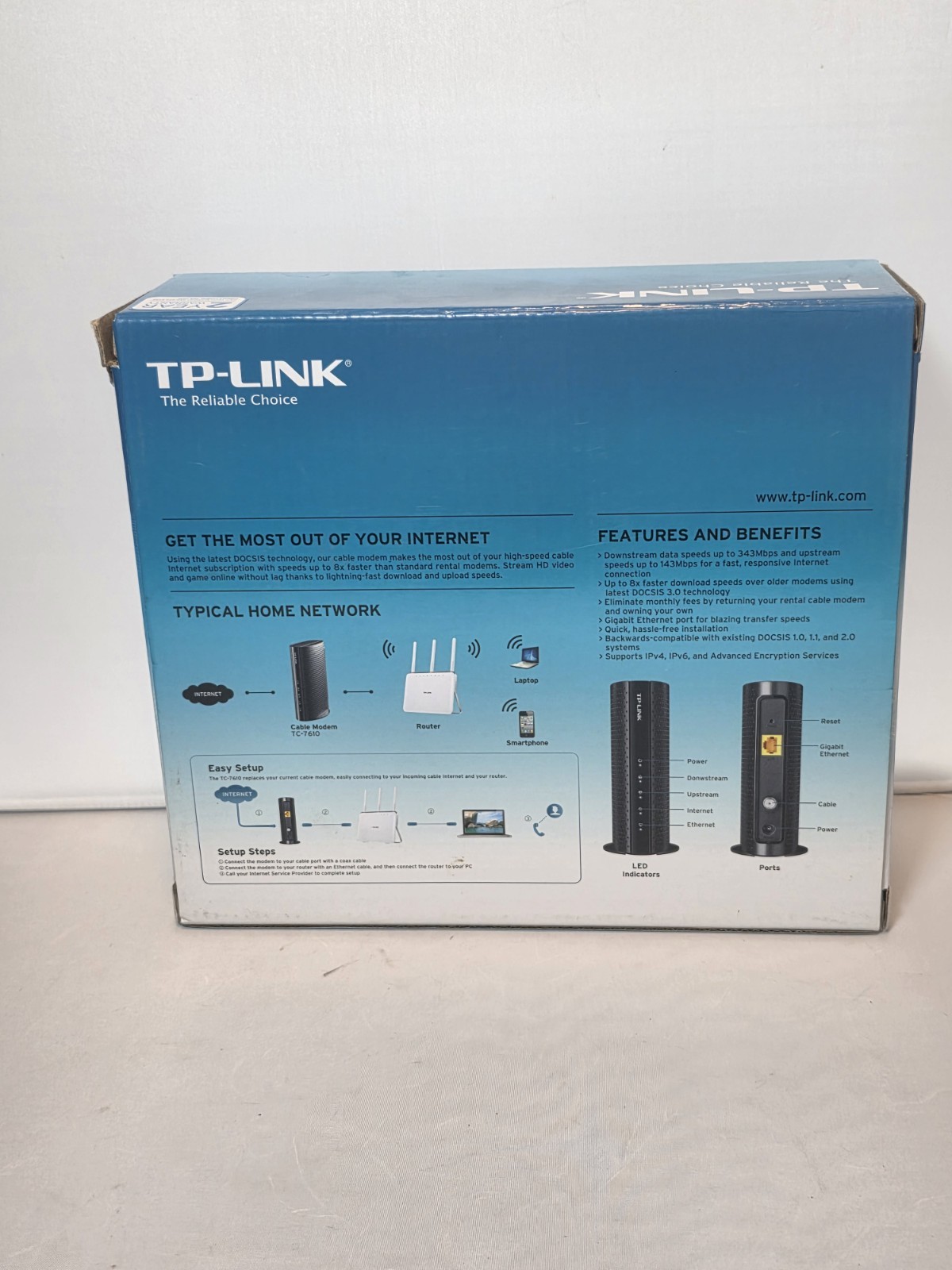 TP-Link TC-7610 DOCSIS 3.0 Cable Modem with Power Adapter – Xfinity Spectrum Cox