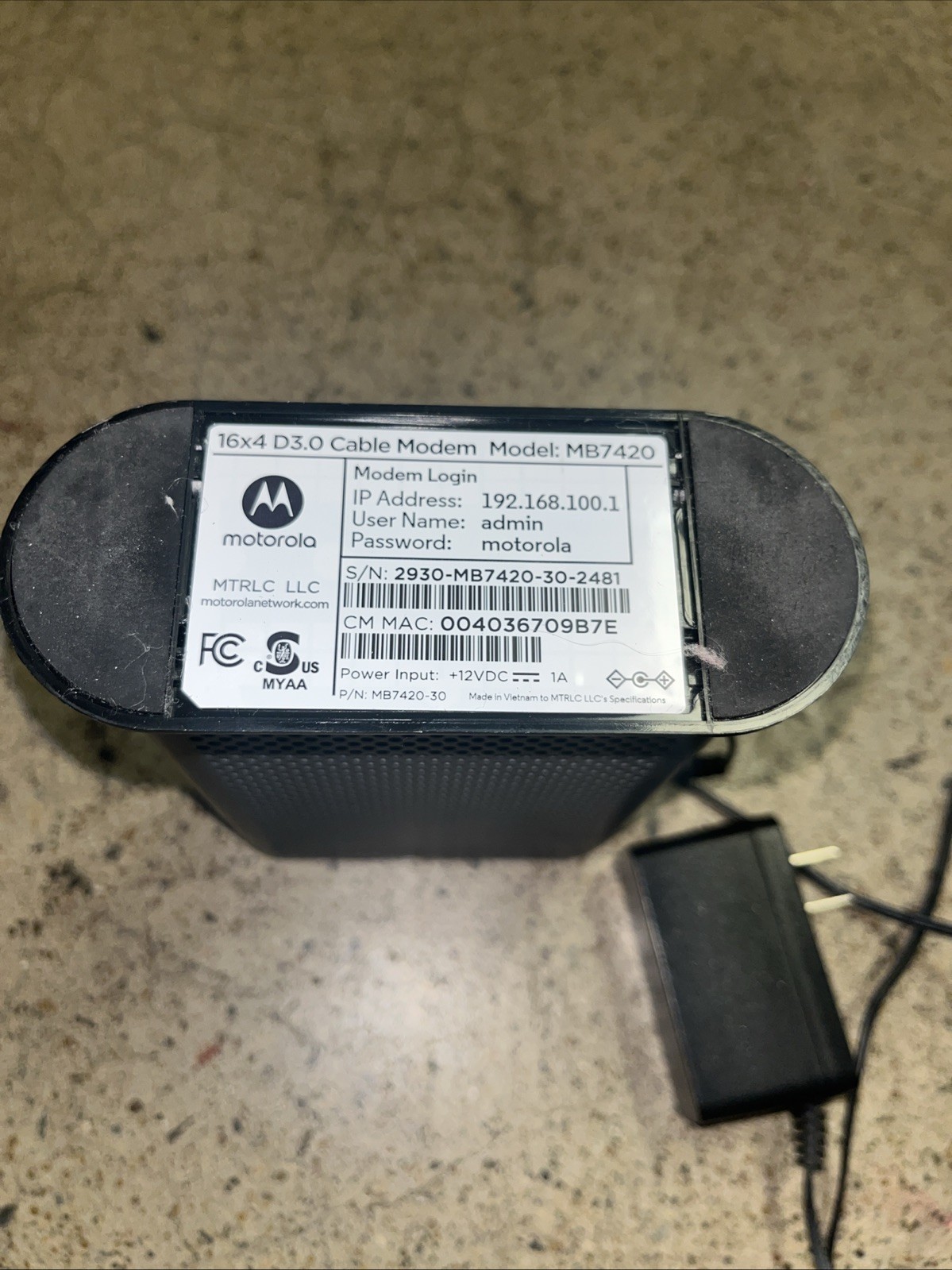 MOTOROLA 16×4 Cable Modem Model MB7420 ~ 686 Mbps DOCSIS 3.0