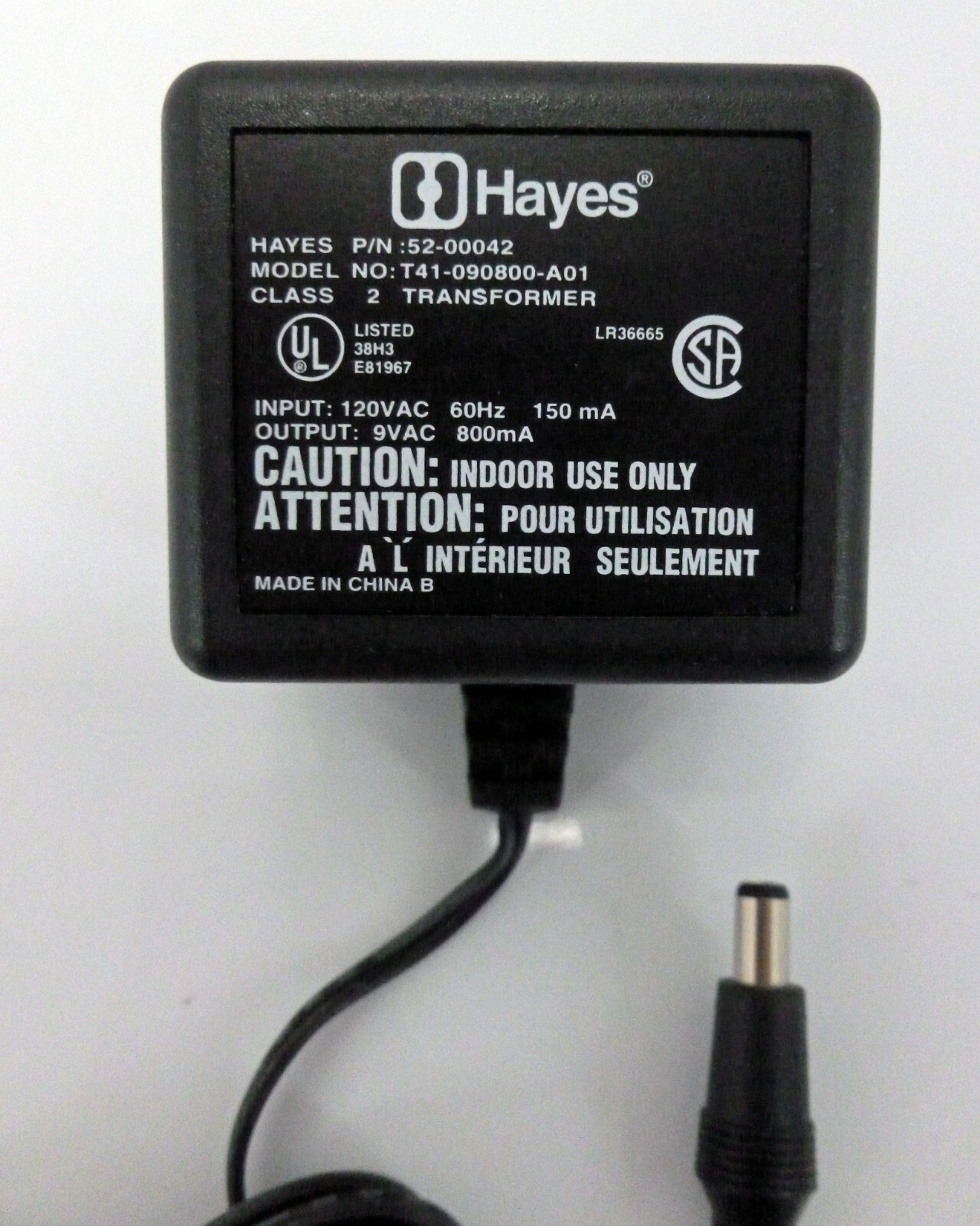 Hayes Power Adapter 52-00042 Model No. T41-090800-A01