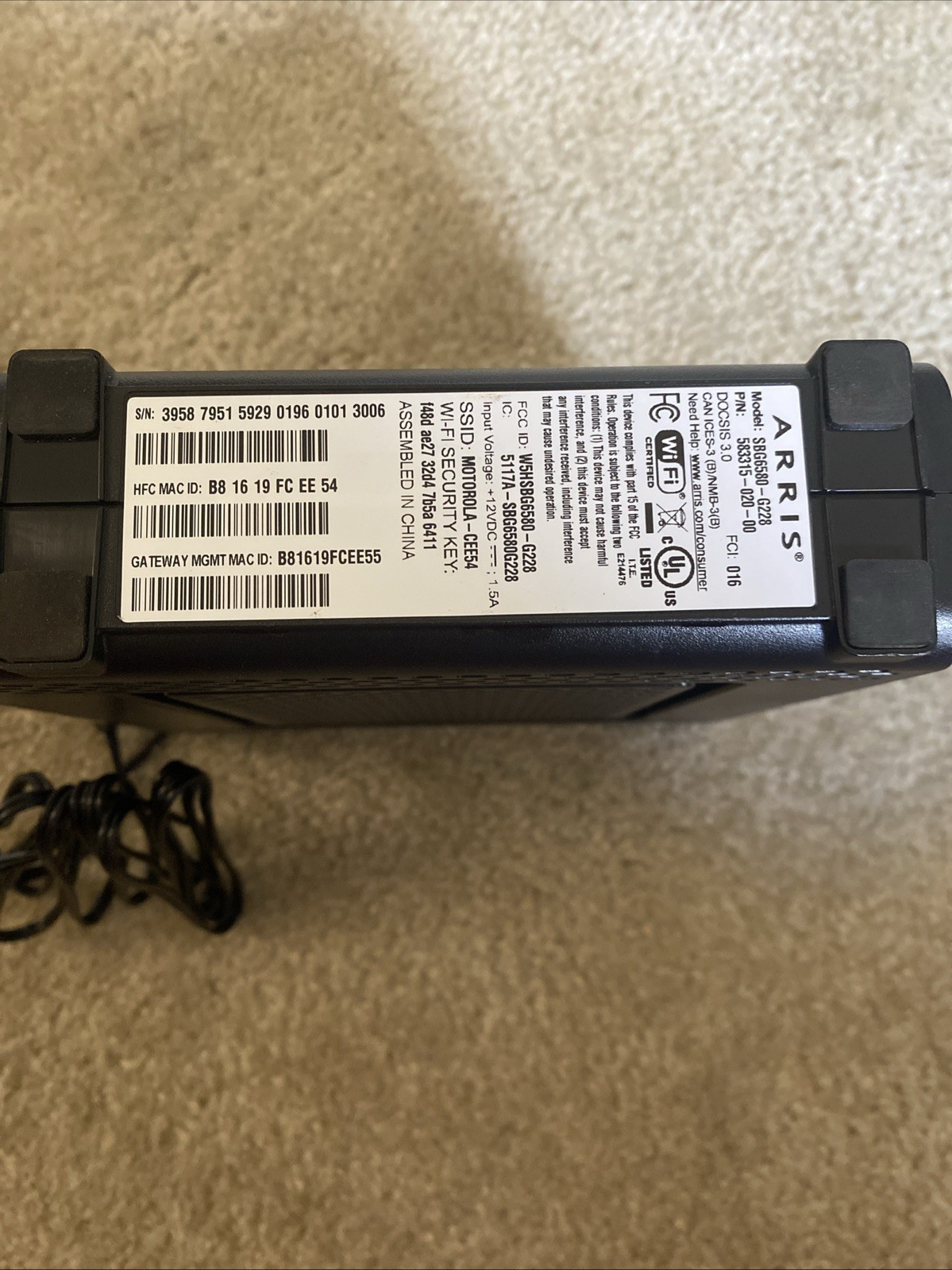 ARRIS SURFboard SBG6580 DOCSIS 3.0 Cable Modem and Wi-Fi Router – USED