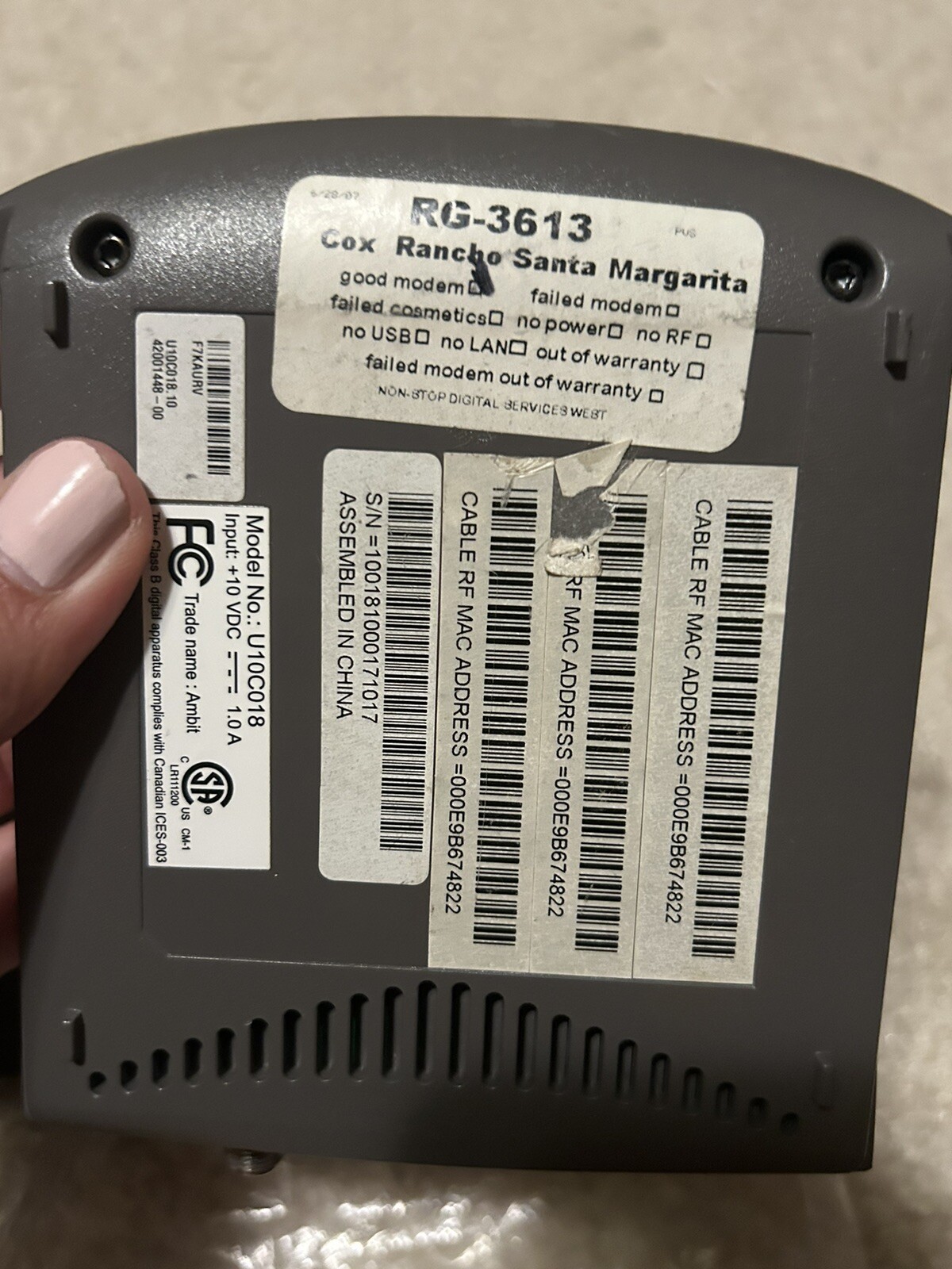 Cox Modem Model No U10C018