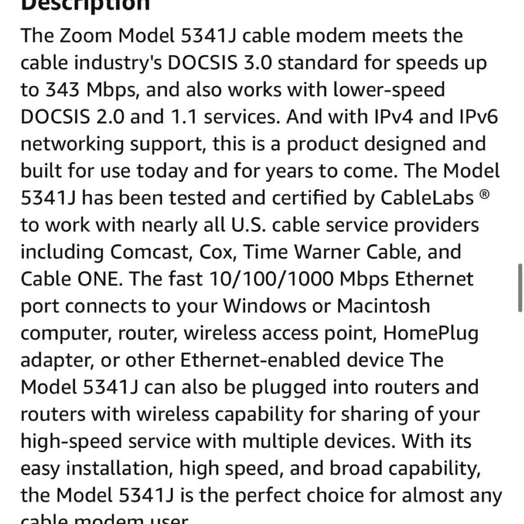 Zoom Cable Modem 3.0 Series 1094 12 VDC+1.0A Model 5341J