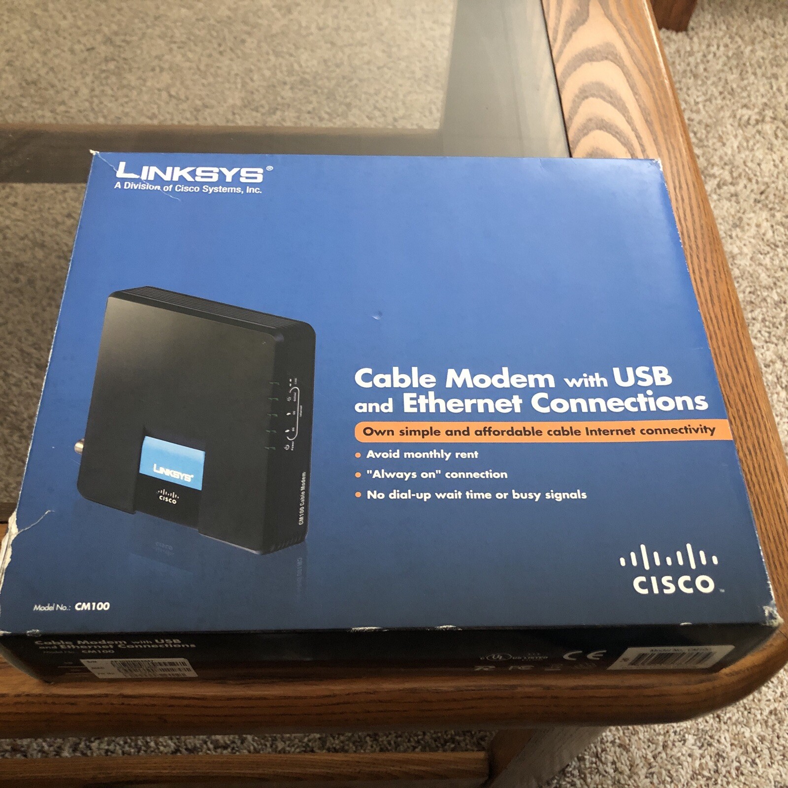 NEW Linksys Cable Modem With USB And Ethernet Connections Model CM100