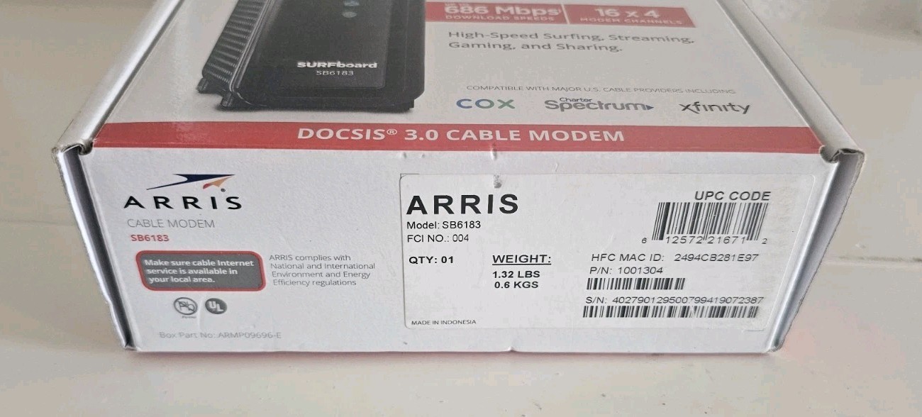 ARRIS SB6183 686 Mbps Cable Modem, White – 59243200300 No Power Supply