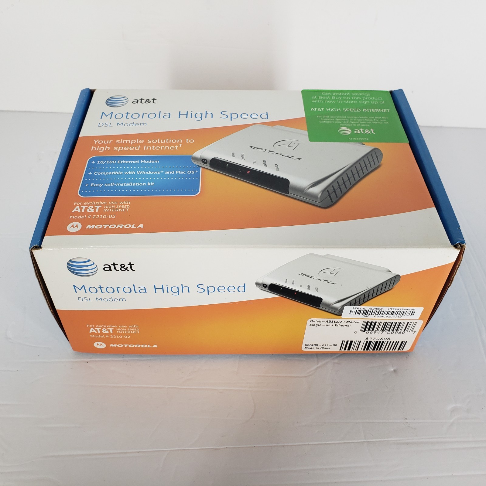 NEW Motorola 2210-02-1022 High Speed Internet DSL Modem w/ Power Supply AT&T