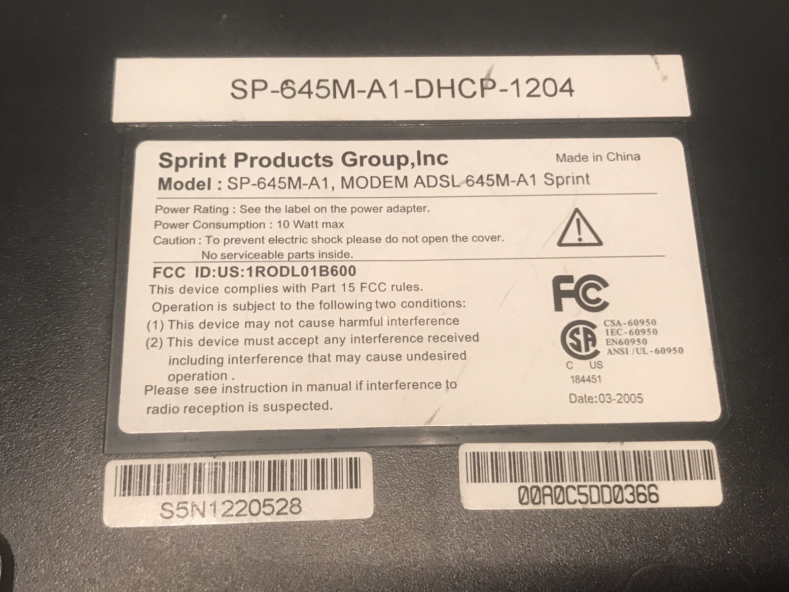 SPRINT MODEM MODEL SP-645M-A1 MODEM – DHCP -1204 MODEM SPRINT ADSL
