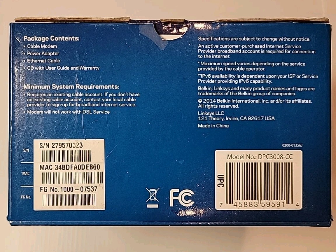 Linksys DPC3008 Cable Modem Comcast Certified