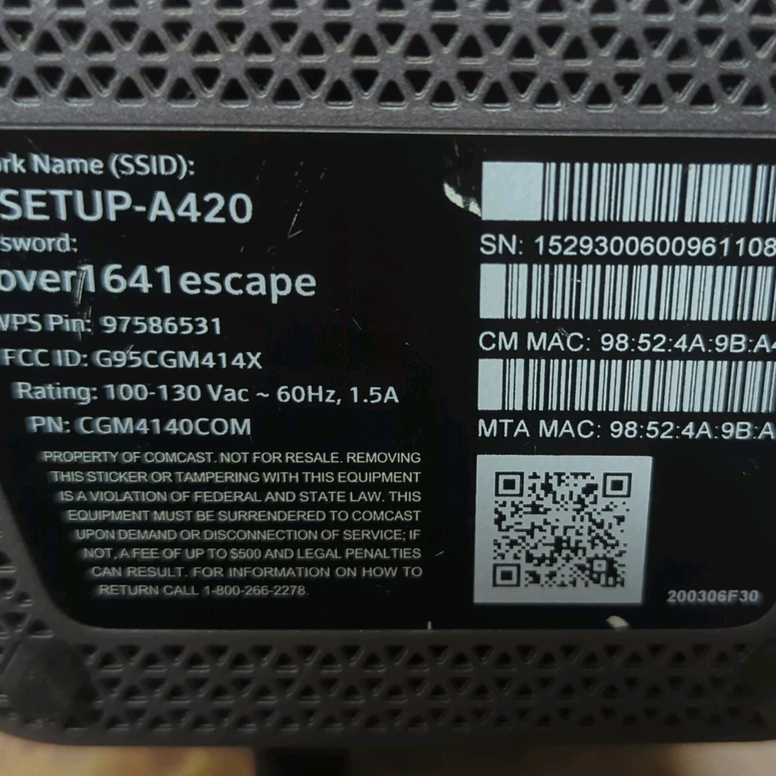 Xfinity XB6-T CGM4140COM WiFi Router & Cable Modem UNTESTED