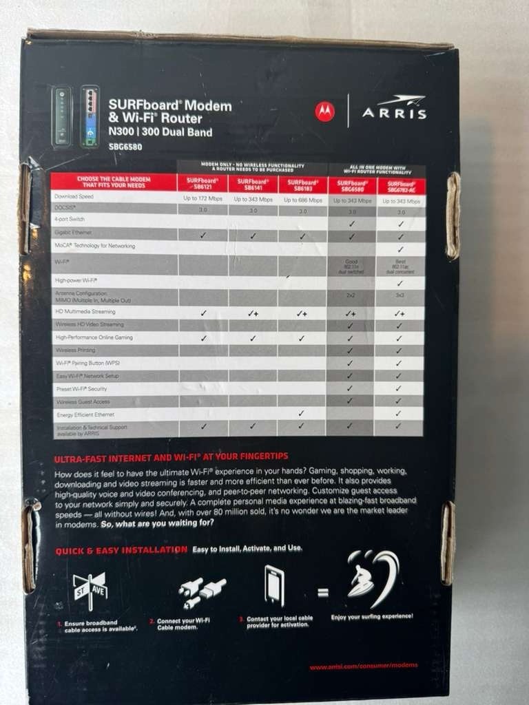 MOTOROLA ARRIS SURFboard SBG6580 DOCSIS 3.0Cable Modem & Wi-F1 Router N300 Dual