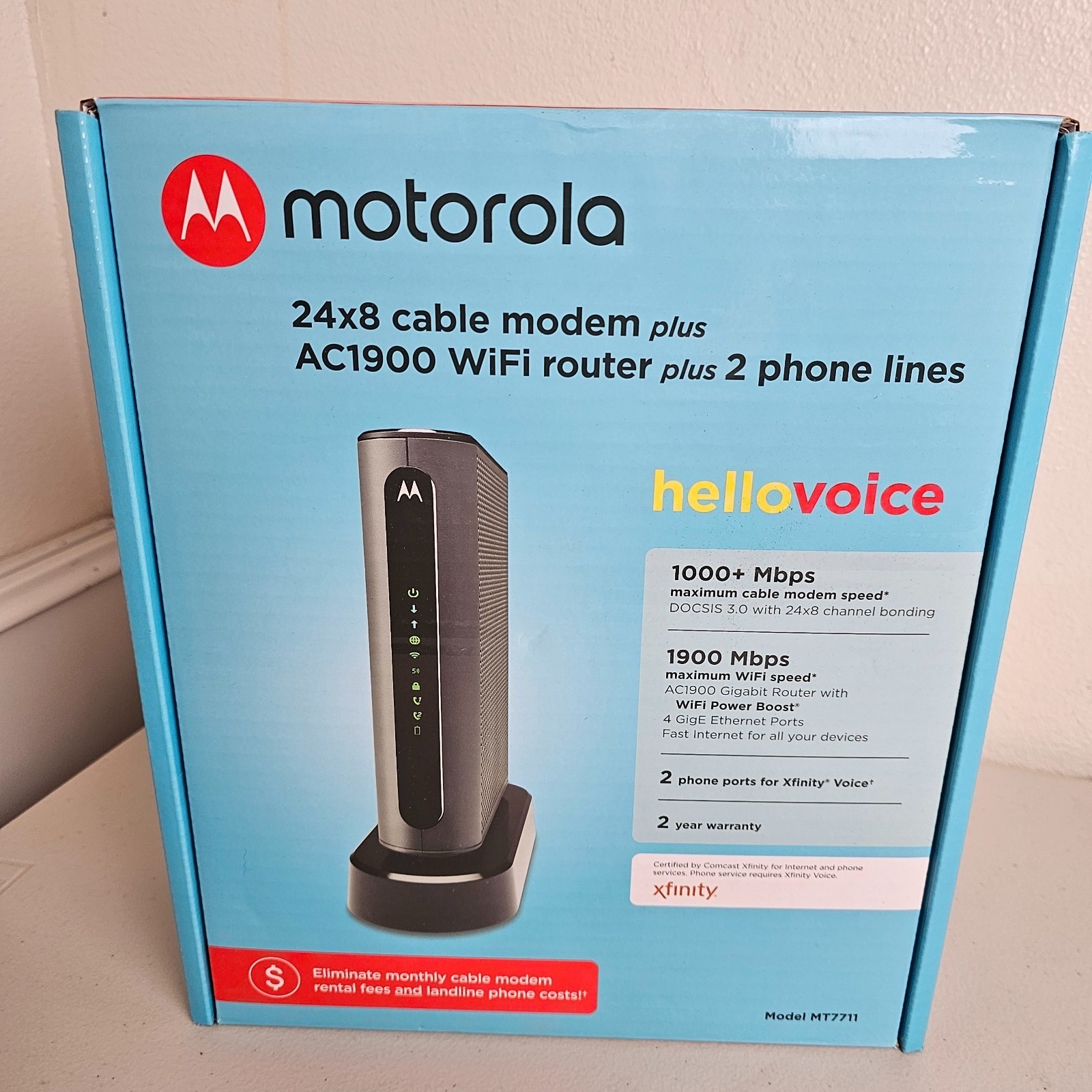 Motorola MT7711 Dual Band AC1900 Cable Modem and Wi-Fi Gigabit Router WORKS EUC