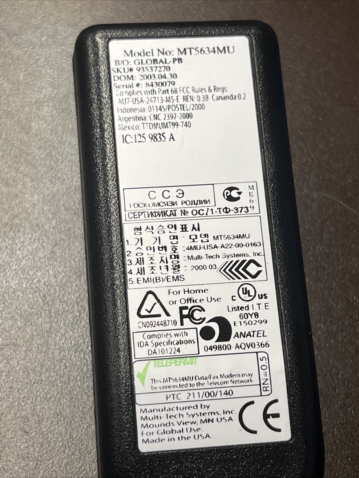 MULTITECH MULTIMOBILE USB 01170-00035 MT5634MU 56K DATA/FAX MODEM