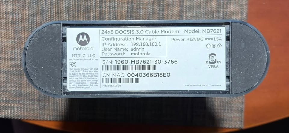 Motorola MB7621 Cable Modem | DOCSIS 3.0 | 24×8 | Up to 1000 Mbps | Box Included