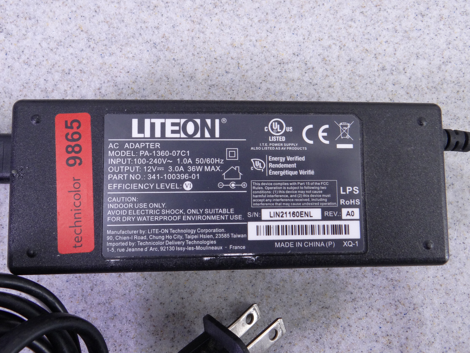LITEON AC ADAPTER / POWER SUPPLY – MODEL PA-1360-07C1 – 100-240V TO 12V