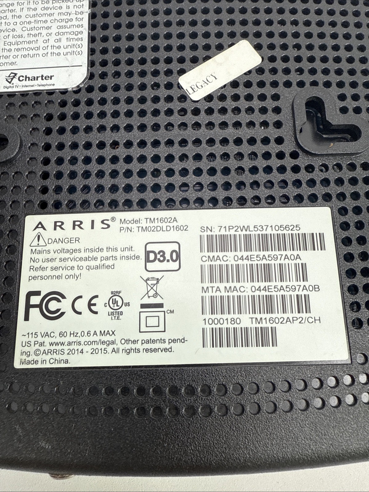 ARRIS Touchstone TM1602A Cable Modem With Power Cord Charter Optimum Spectrum