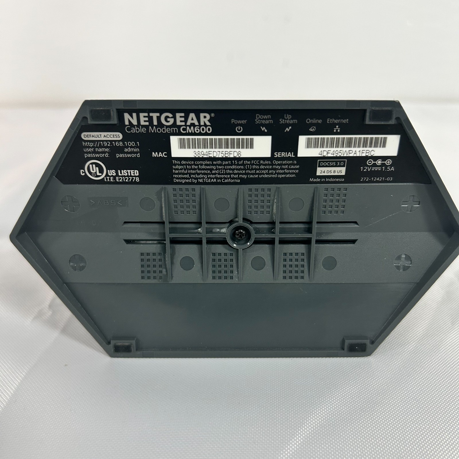 NETGEAR CM600 960Mbps DOCSIS 3.0 Cable Modem + Power Adapter + Ethernet cable