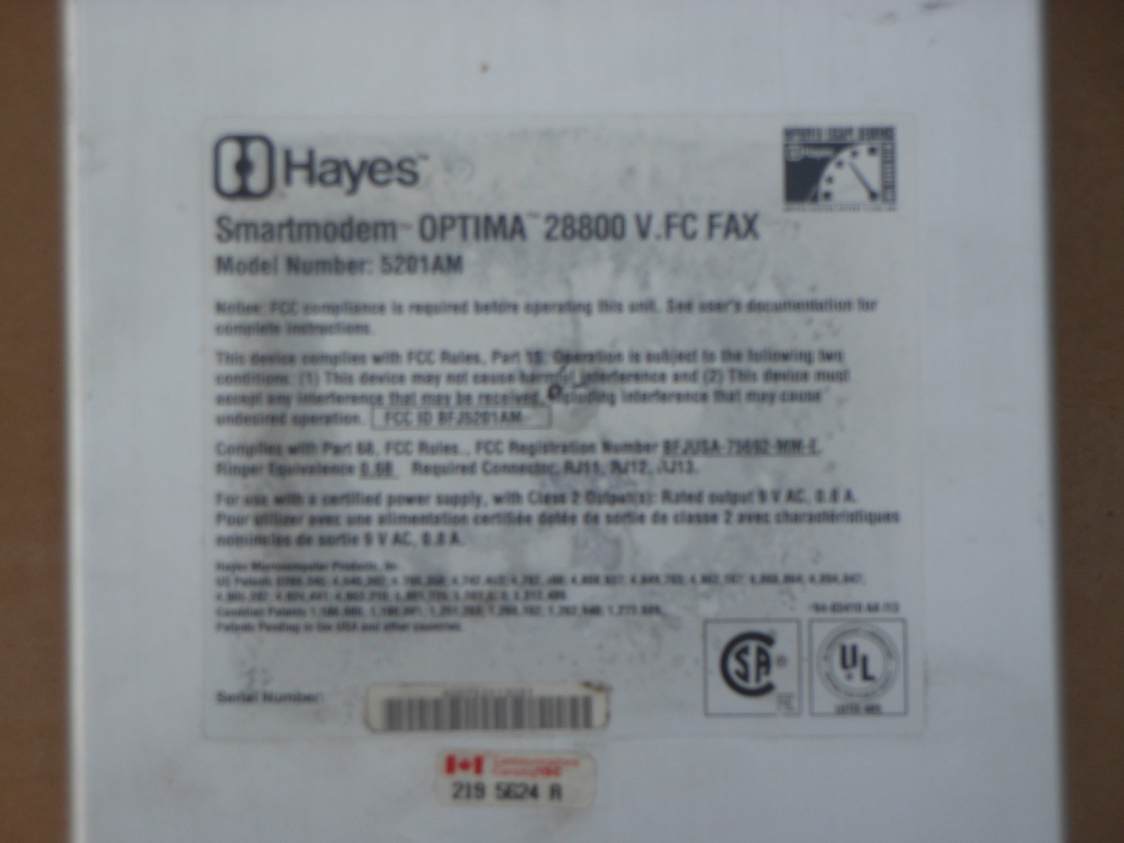 HAYES OPTIMA 5201AM SMARTMODEM 28800 V.FC FAX “TESTED”