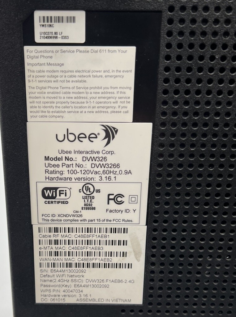 Ubee DVW326B Docsis 3.0 Telephony Modem Gateway WiFi W/Power Cord