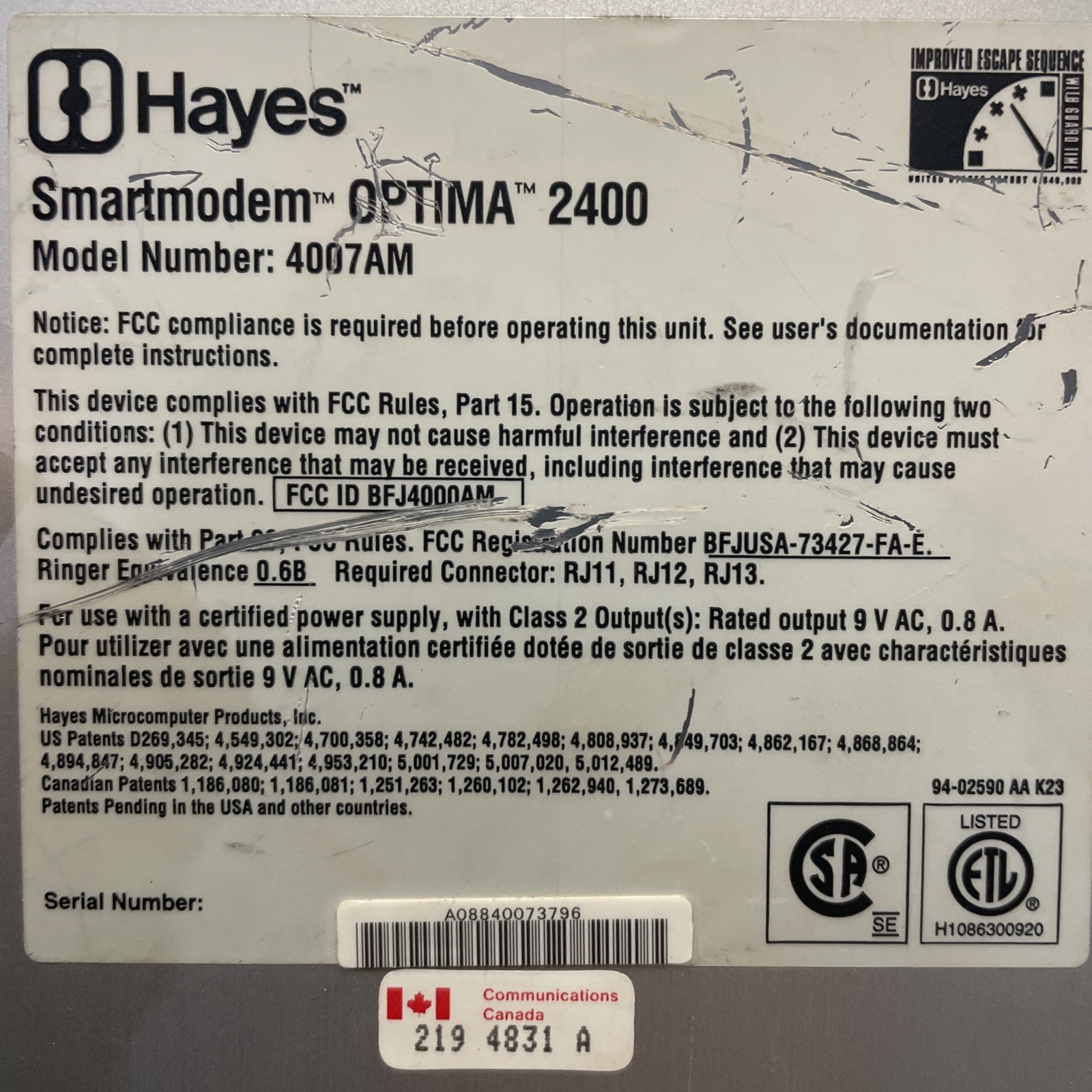 Hayes Smartmodem Optima 2400 M/N 4007AM