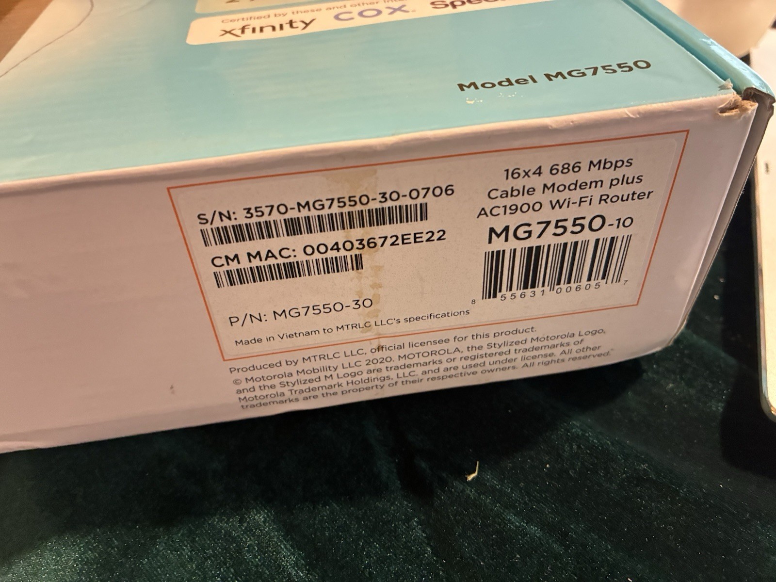 Motorola MG7550 16×4 High Speed ​​Cable Modem Plus AC1900 WiFi Router in BOX