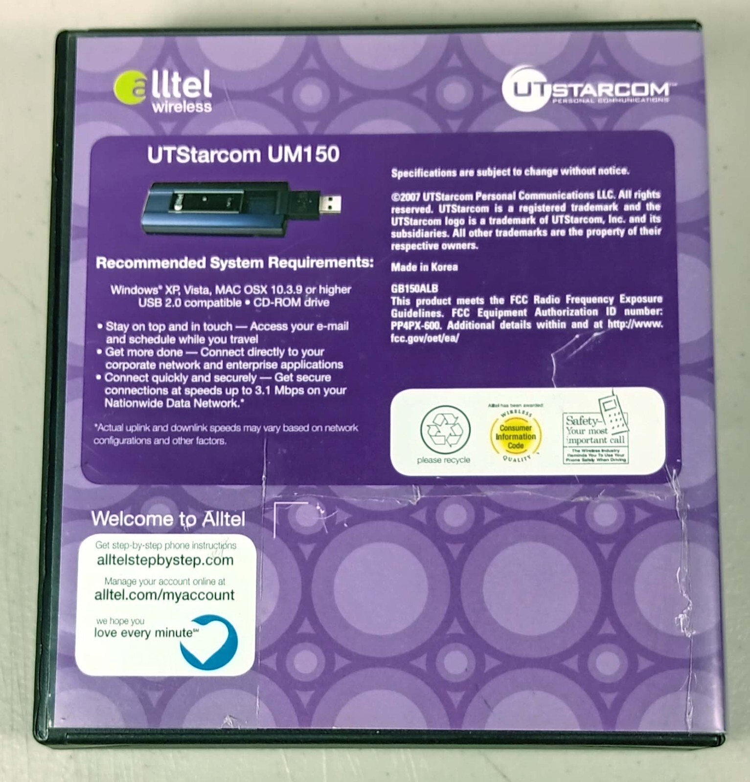 Alltel UTStarcom UM150 USB Wireless Modem Micro SD Card Reader Retractable Ant